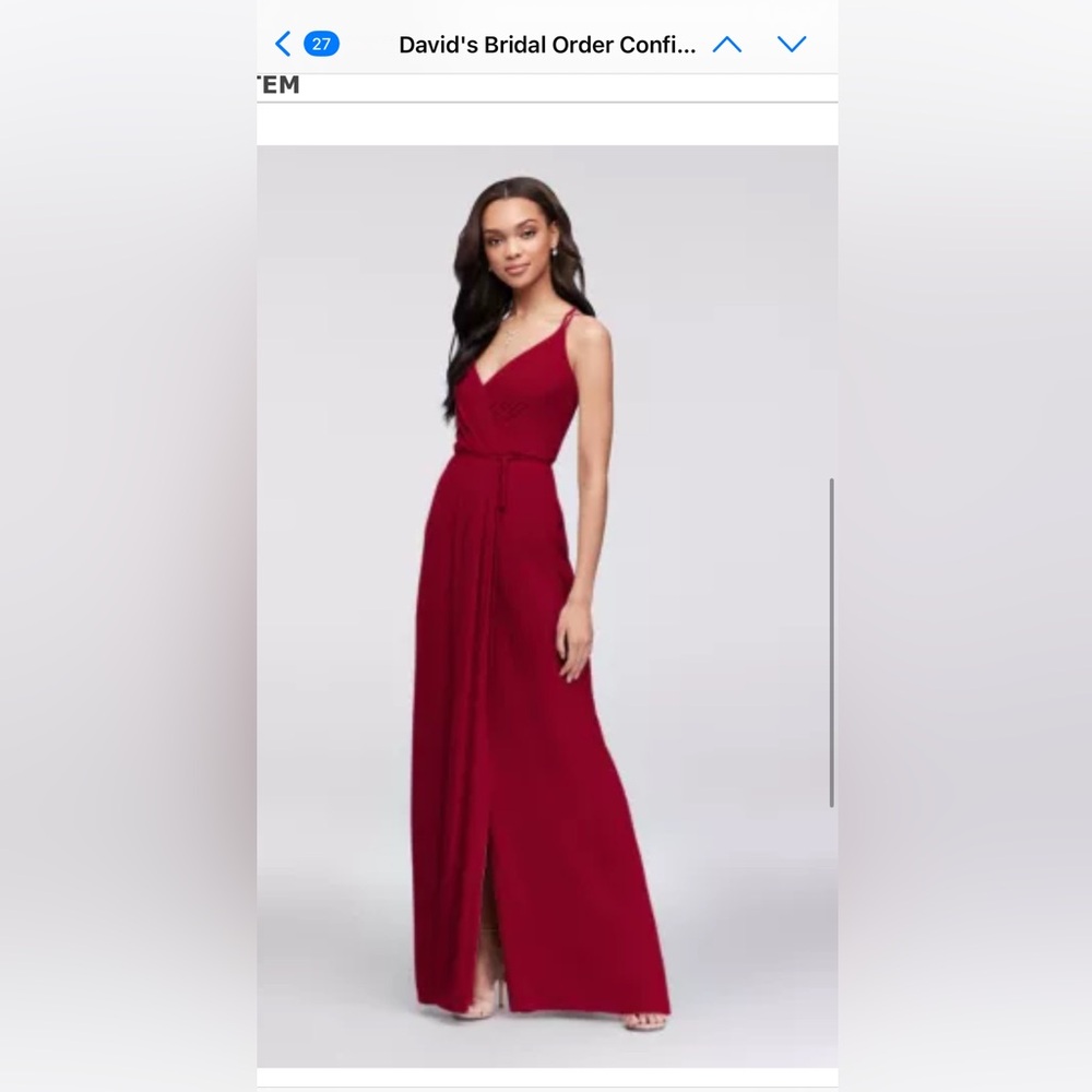 Red David’s Bridal bridesmaid wrap dress